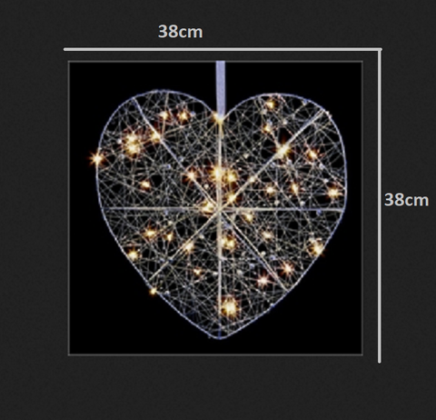 Premier 38cm Flat 3D Silver LED LIT Heart With Beads- Warm White LEDs BATTERY Premier