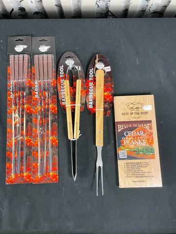 Garden Grill Company BBQ 2 Sets of 4 Barbecue Skewers Tongs Forks & Cedar Planks Garden Grill Company