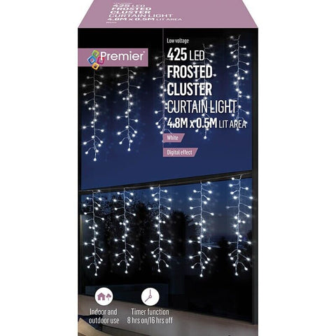 Indoor & Outdoor Frosted Cluster 425 LED Timer Curtain Christmas Lights 4.8M Premier Decorations
