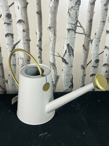 Metal Watering Can 5L Large Vintage Style Whitw With Gold Trim Accent With Fixed CAN