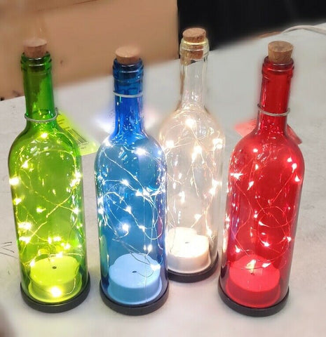 Premier Set of Four Glass Bottles in Red, Blue and Clear with 15 Warm White LEDs - Retail ABC - Branded Goods - Discount Prices