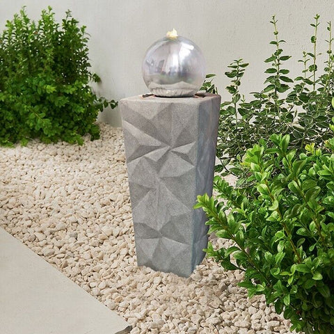 The Outdoor Living Company Tower Water Feature with Stainless Steel Orb and LEDs The Outdoor living company