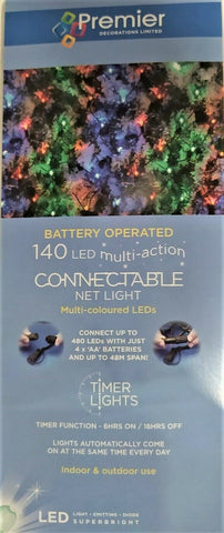140 Multi-coloured LED Connectable Net Lights Multi-Action Battery Op Christmas Premier Decorations