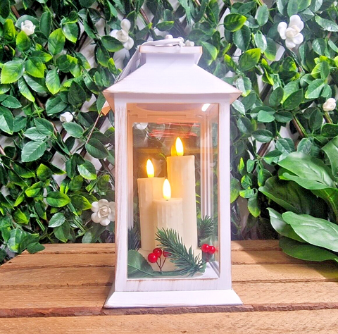 white antique-style Flickering  Candle Lantern with LED Flame Effect - 27cm High Premier