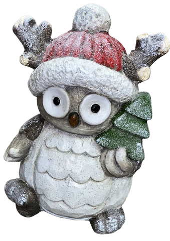 Premier 34 x 32cm Standing Glittered Frosted Owl with Bobble Hat Xmas Ornament Premier