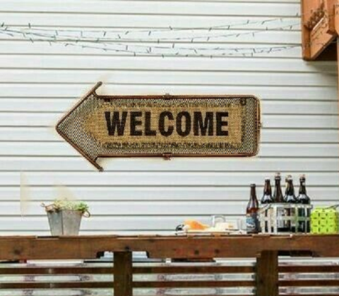 Copper Pipe Arrow "WELCOME" Hessian Wall Hanging Sign Wall Plaque Decor BA161096 Transomnia