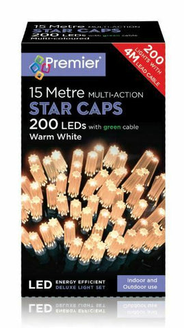 15m Multi Action Star Caps 200 LED Warm White Lights Indoor/Outdoor Christmas Premier