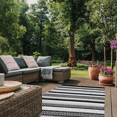 Outdoor Living Patio Rug Black Grey and White Babel Eco PET Rug Rever The Outdoor Living company
