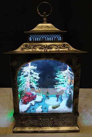 38cm Lit Animated Musical Lantern 2 Rotating Skaters Outdoor Scene River Tree - Retail ABC - Branded Goods - Discount Prices