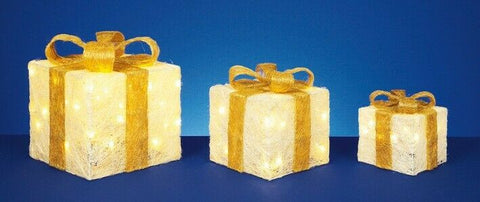 Set of 3 Light Up Parcels Warm White LED Cream Gold Christmas Boxes Decorative - Retail ABC - Branded Goods - Discount Prices