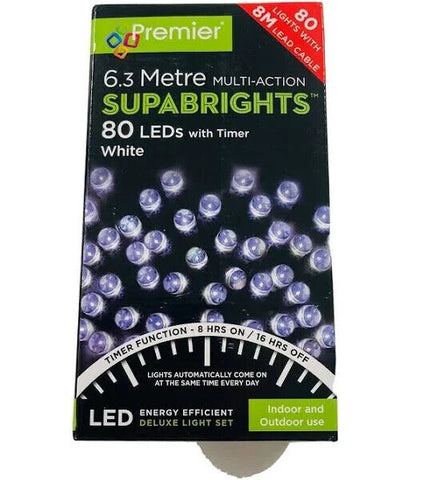 Premier 80 LED Multi-Action SupaBrights Christmas Tree Lights with Timer - WHITE Premier