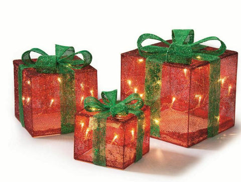 Set of 3 Light Up Red & Green Parcels 40 Warm White LED Glitter Christmas Boxes
