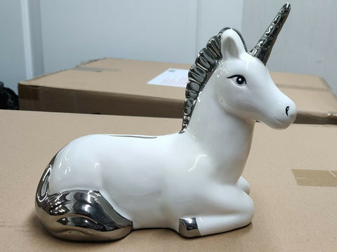 Silver Plated Unicorn Ceramic Cute Children's Money Box Cash Fund Birthday Gift Piquaboo