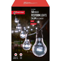 Premier 50 Bulb Outdoor Festoon Lights White Multi Action 24.5M Length Premier