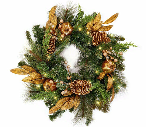 Premier Pre-Lit Gold Pomegranates Christmas Indoor Battery Powered Wreath - Retail ABC - Branded Goods - Discount Prices