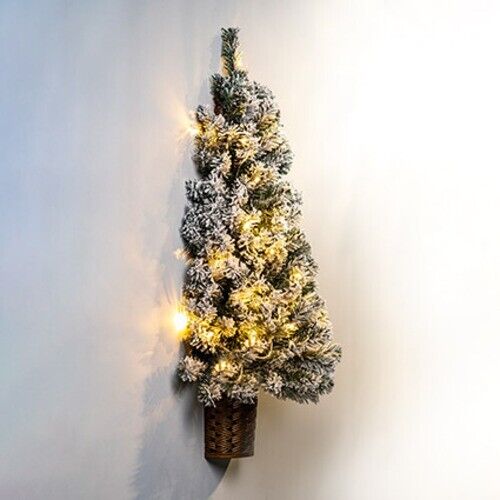 PreLit Half Wall Flocked Christmas Tree in Basket Retail ABC E