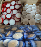 BARGAIN! 50 or 100 RED BLUE WHITE COLOURED CASE TEA LIGHTS CANDLES TEALIGHTS - Retail ABC - Branded Goods - Discount Prices