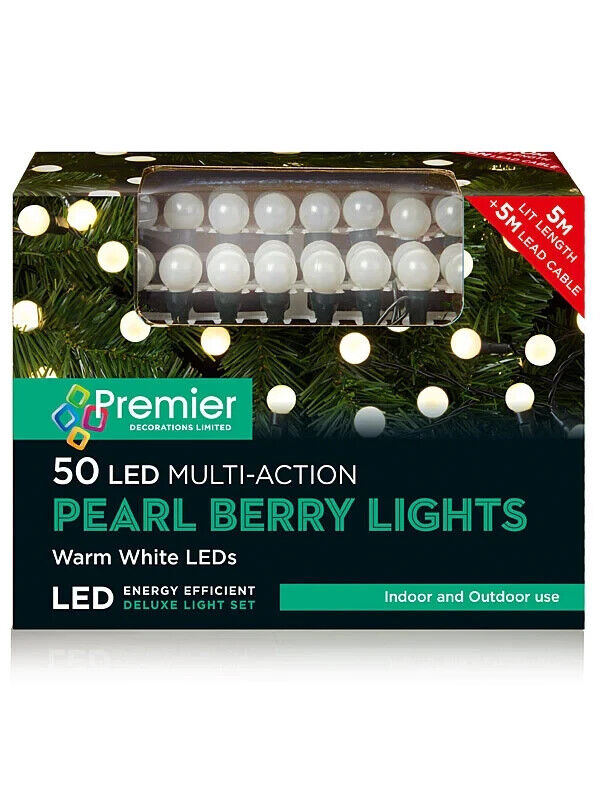 Premier 50 Christmas LED MultiAction Pearl Berry Lights, Warm White