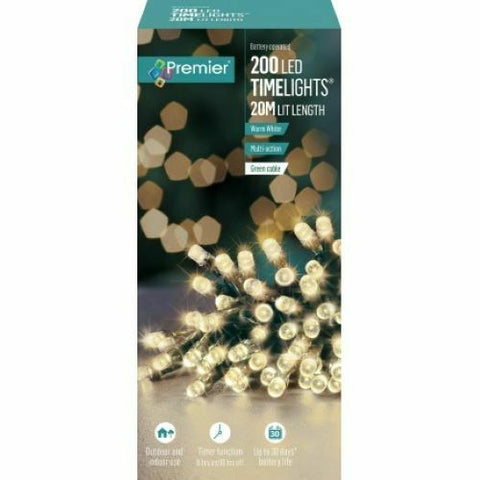 Premier 200 Battery Operated Warm White LED 20M Lit Length Christmas Time Lights - Retail ABC - Branded Goods - Discount Prices