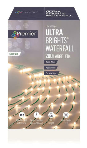Premier Ultra Brights 2m 200 LED Micro Bright Pin Wire Waterfall Tree Warm White Premier