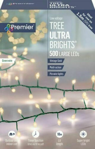 Multi Action 500 LED Ultra Bright Tree Vintage Gold Green Cable Christmas Lights Premier