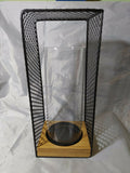 40cm Black Metal Candle Holder Large Mesh Up & Over Glass Cylinder Wooden Base