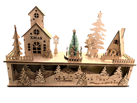 Premier Wooden Musical Spinning Christmas Tree Village Scene Decoration 44x28cm - Retail ABC - Branded Goods - Discount Prices