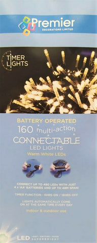 Connectable 160 Warm White LED Light 15.9m Multi-action Timer Outdoor Battery Op Premier