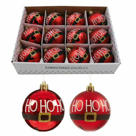 Premier Box of 12 Luxury 80mm Christmas Tree Red Baubles - Santa Belt Ho Ho Ho Premier
