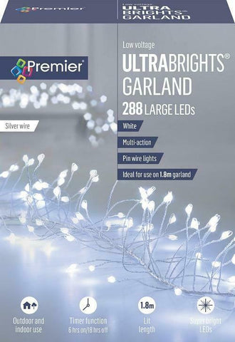 Premier 288 Multi Action LED Garland Pin Wire Lights With Timer - Ice White - Retail ABC - Branded Goods - Discount Prices