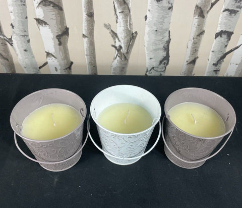 Set Of 3 Citronella Wax Candles In Decorative Coloured Iron Bucket 10H H & H