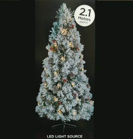 7ft 2.1m Flocked Lit Fibre Optic Tree Warm White Sparkling LED Pinecones Berries - Retail ABC - Branded Goods - Discount Prices
