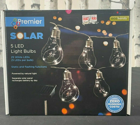Premier 25 Solar Powered LEDs 5 Bulbs Garden Party Festoon Globe Retro Lights Premier