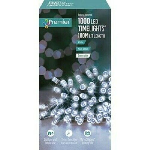 100m 1000 Ice White LED Timelights Multi-action Timer Battery Christmas Lights