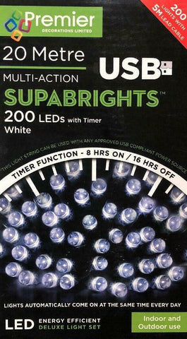 20m USB Supabrights 200 Ice White LED Multi-action Christmas Light Timer Outdoor Premier