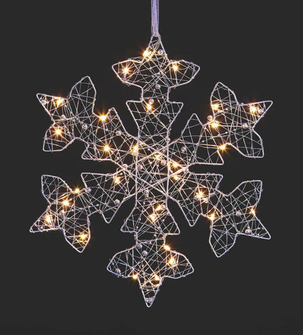 Premier Silver Flat Snowflake Beaded 30 Warm White LED Christmas Decoration 25cm Premier