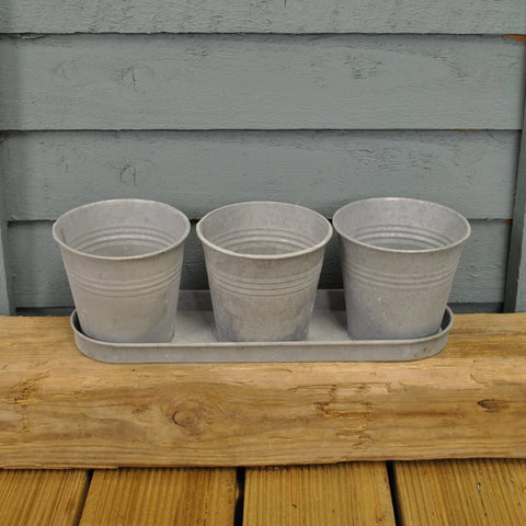 Se Of 3 Galvanised Metal Flower Pots & Tray For Indoor Or Outdoor Planter Vase. Unbranded