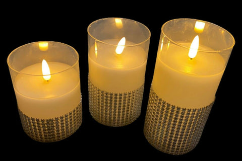 Premier Set of 3 Flickabright Glass LED Safety Timer Candles w Silver Crystals Premier