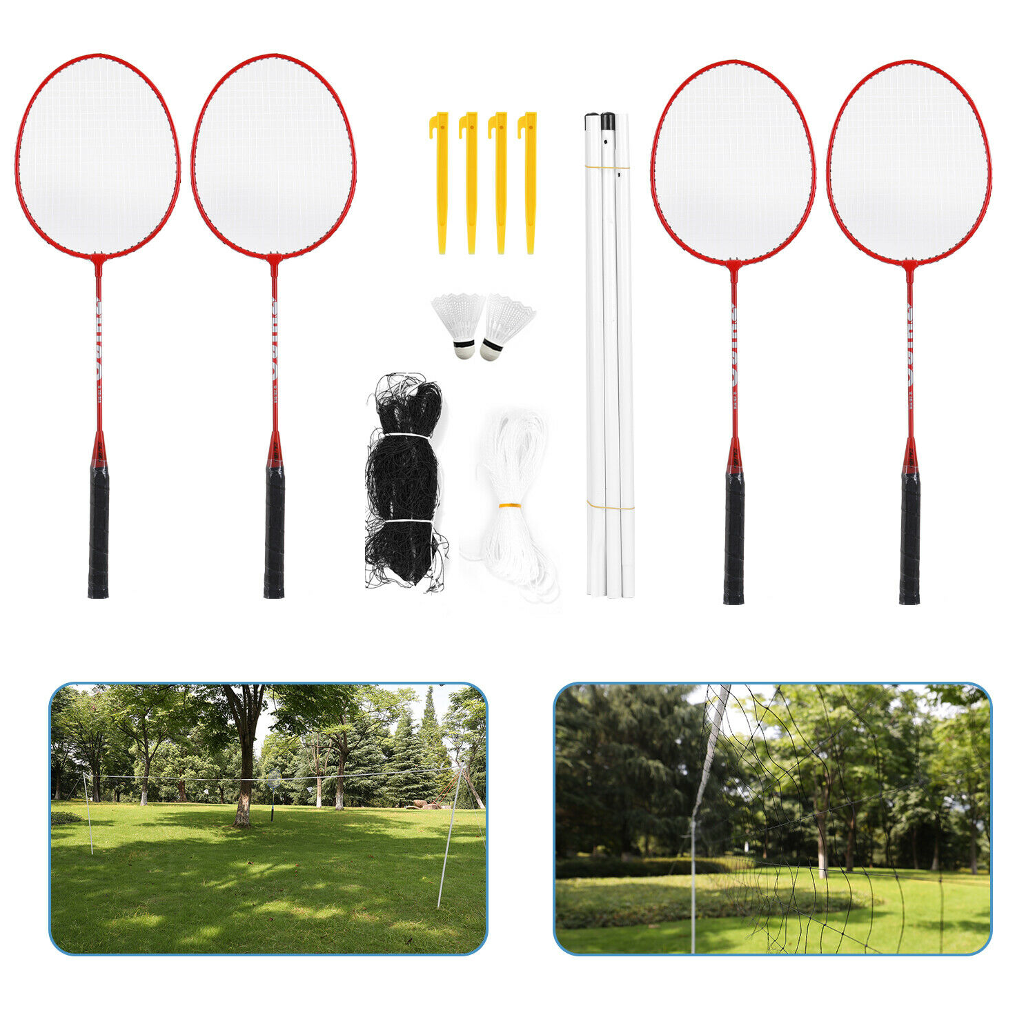 Professional Badminton Set 4 Player Racket Shuttlecock Poles Net Bag Garden  Game