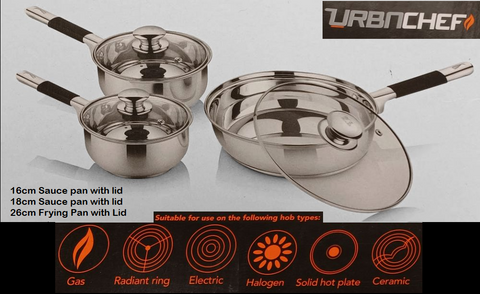 3 PC Pan Set  16 & 18cm Saucepan & 26cm Frying Pan Stainless Steel Salter