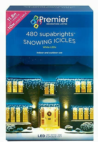 Premier 480 LED White Clear Cable 11.8 Metre Snowing Icicles Outdoor Lights - Retail ABC - Branded Goods - Discount Prices