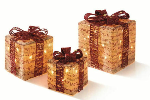 UK Set of 3 Light Up Parcels Warm White LED Script Ribbon Christmas Decorative - Retail ABC - Branded Goods - Discount Prices