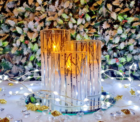 3PC Premier Flickering Glass candle set Woodland Design Silver Premier