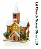 Wooden Lit Church Scene 38cm LED Battery Christmas Xmas Decoration Snowy Steeple - Retail ABC - Branded Goods - Discount Prices