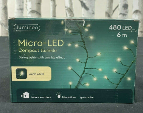 480 LED Compact Twinkle Christmas Multi function Lights Green Wire Warm White Lumineo