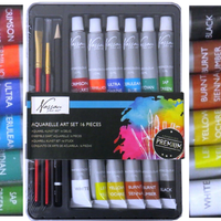 NEW 16pc Artists Set with 12 Assorted Colours x 12ml Watercolour Paint Tube Art Artworx