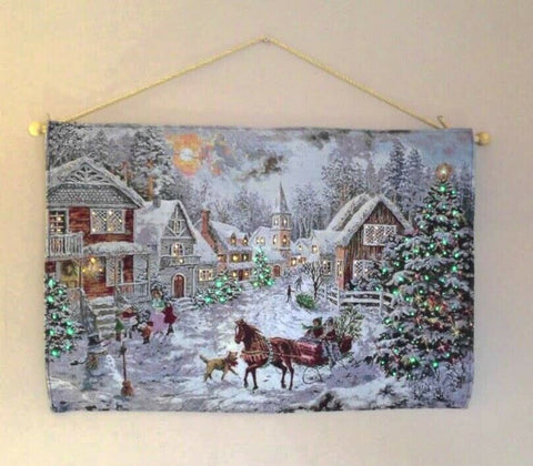 70cm x 50cm Lit Tapestry Village Winter Snow Scene Fibre Optic Sparkle Christmas - Retail ABC - Branded Goods - Discount Prices