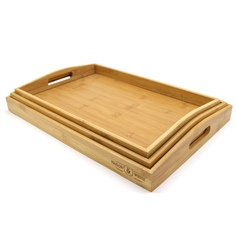 Set of 3 Bamboo Look Serving Plates Raised Edges, Lightweight & Carry Handles White